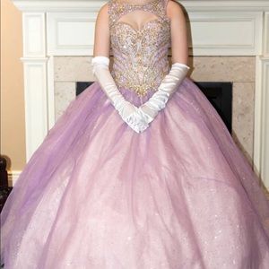Pink, purple, and gold size 2 quinceanera dress.